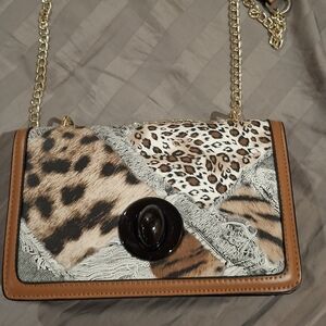 Leopard Patchwork Crossbody Bag with Gold Chain